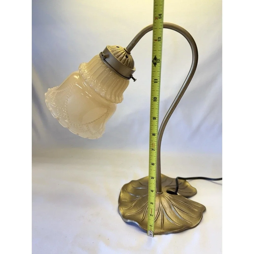 Art Nouveau Brass Style Gooseneck Lily Pad Desk Lamp Light Amber Frosted Shade